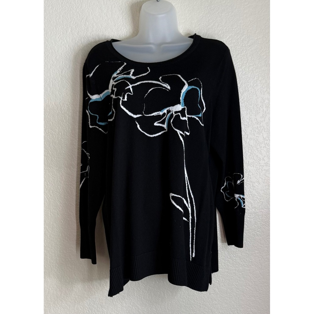Chicos Women 3 US XL Sweater Black Floral Graphic Long Sleeve Crew Neck Knit Top